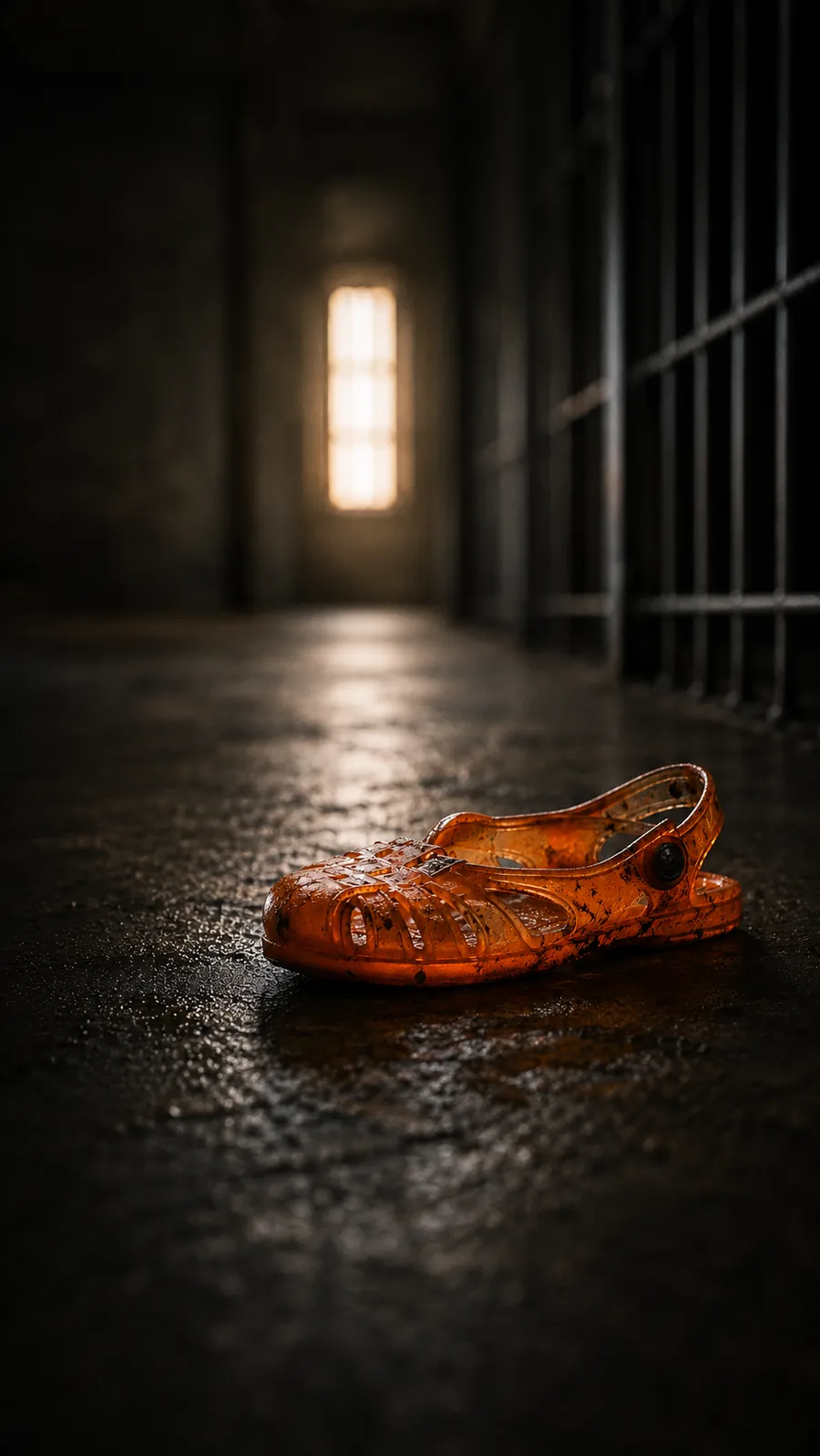 Orange translucent jelly sandal on a dark prison floor — cinematic, moody but hopeful