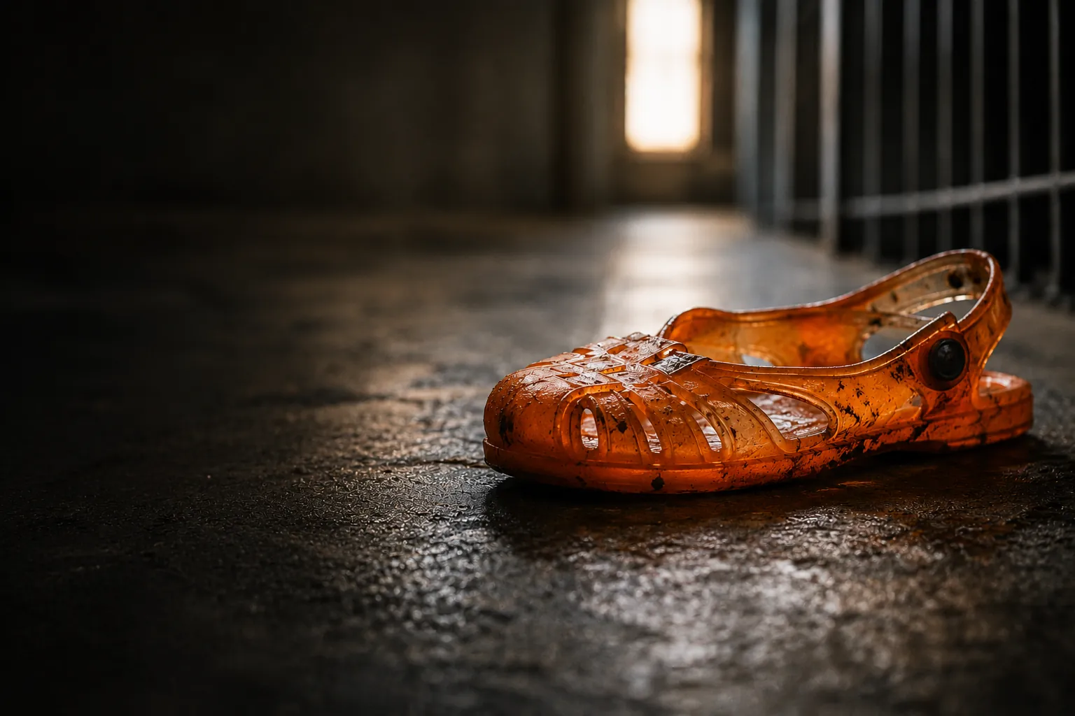 Orange translucent jelly sandal on a dark prison floor — cinematic, moody but hopeful